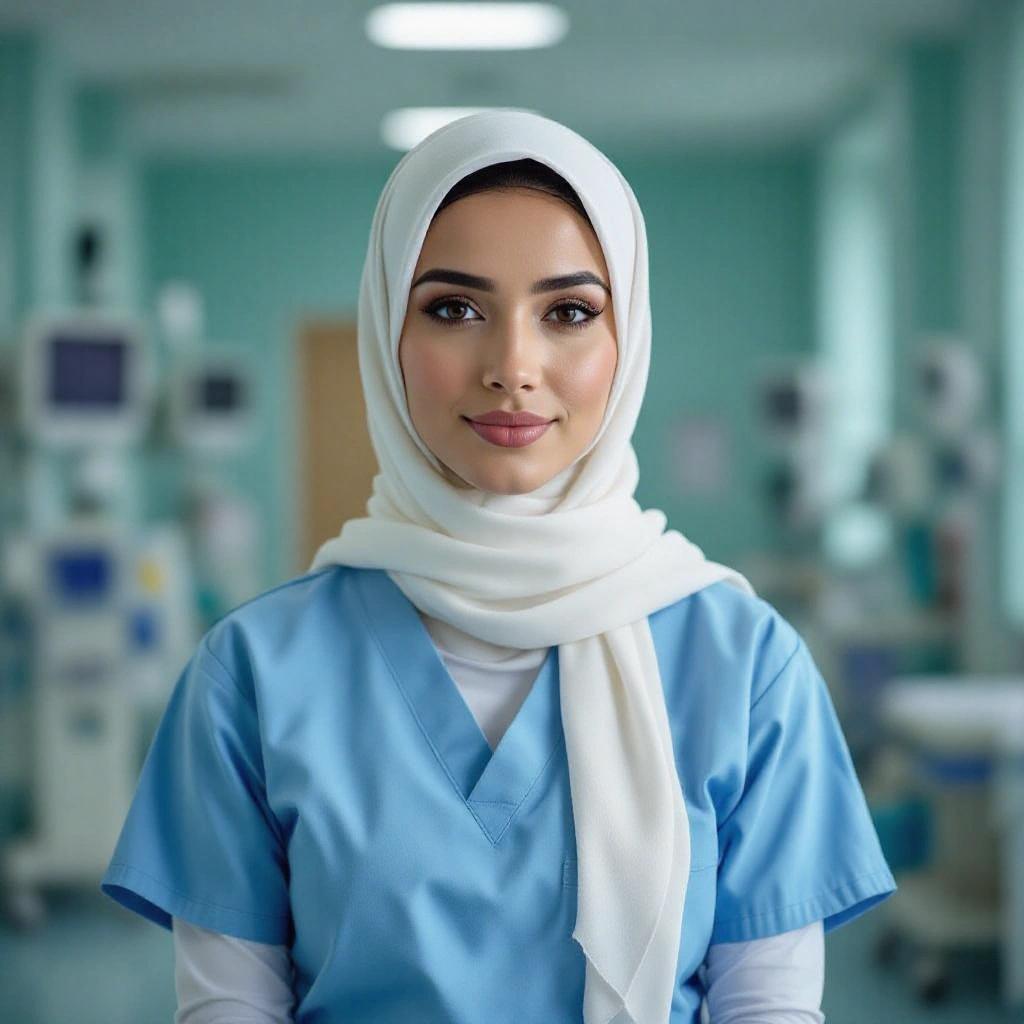 A woman wears a white hijab with a tight blue medical uniform. The background is a hospital setting with medical equipment visible.