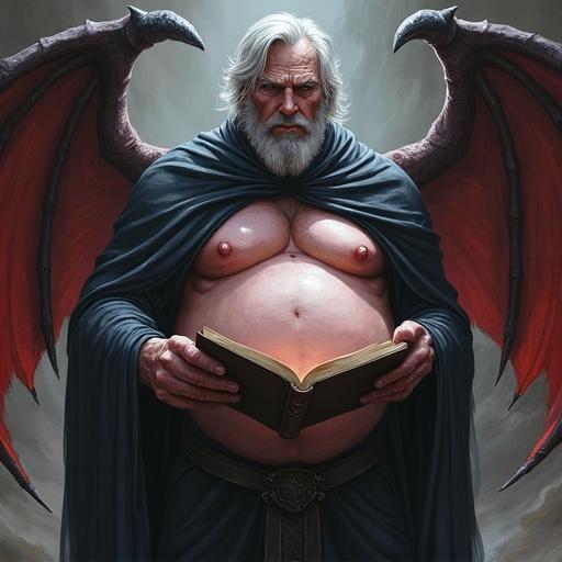 Demon priest with voluptuous form reading a bible. Features in comic style. Male character. Gray hair depicted. Bold and dramatic appearance.