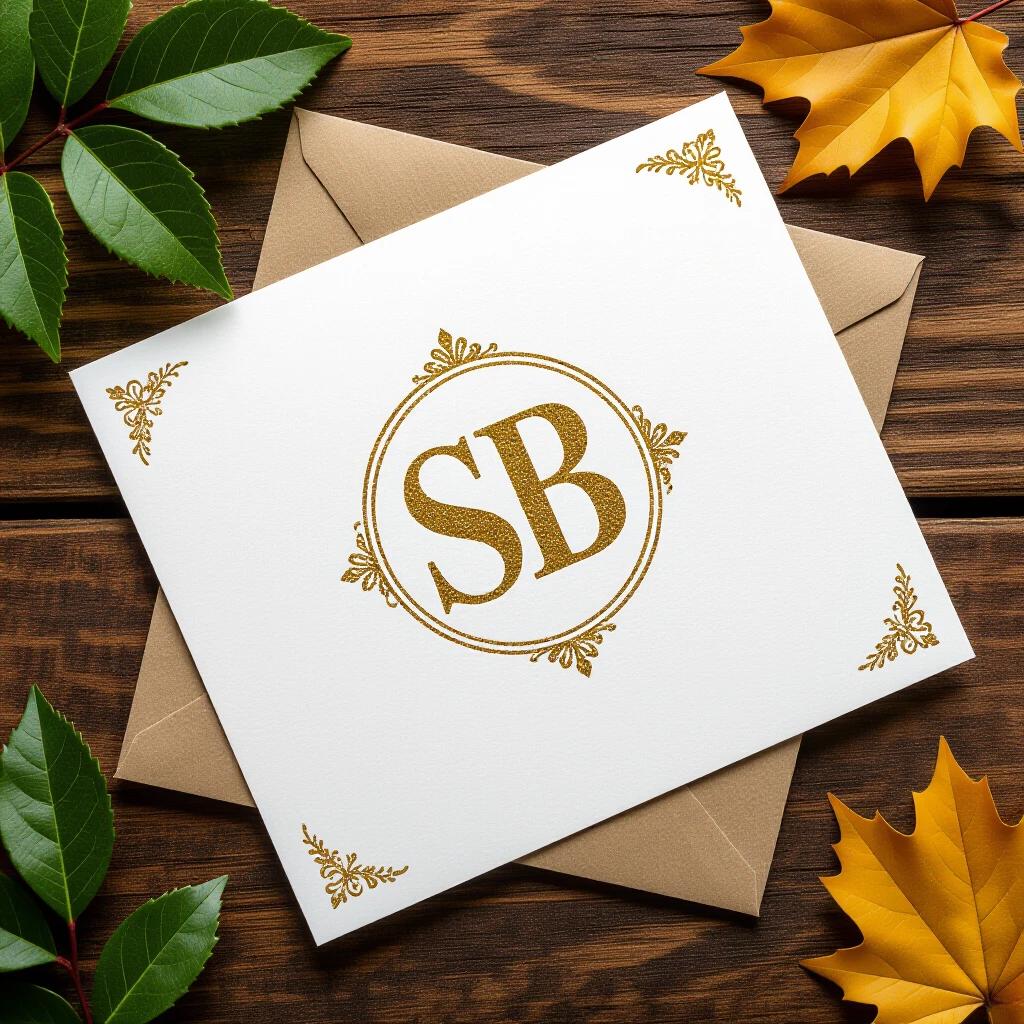 Vintage design showing a logo SB in gold on white stationery. Leaves surround the stationery on a wooden table.
