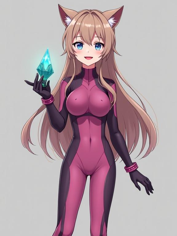 Anime woman has long light brown hair and cat ears. She has blue eyes. Outfit consists of a dark pink body suit and pink combat heels. In her hand, she holds a teal glowing crystal. Art style reflects Xenoblade Chronicles 2. Character is rendered in full body.