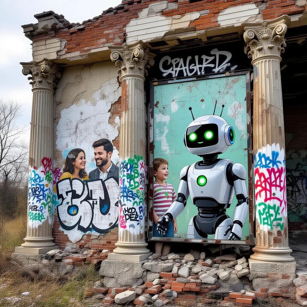 Ruined facade with cracked walls and sturdy columns. Columns adorned with graffiti of anarchy diversity and peace. A dilapidated billboard on one side. Billboard shows a happy family next to a domestic service robot. Robot has a joyful expression green light in eyes and a button that lights up green.