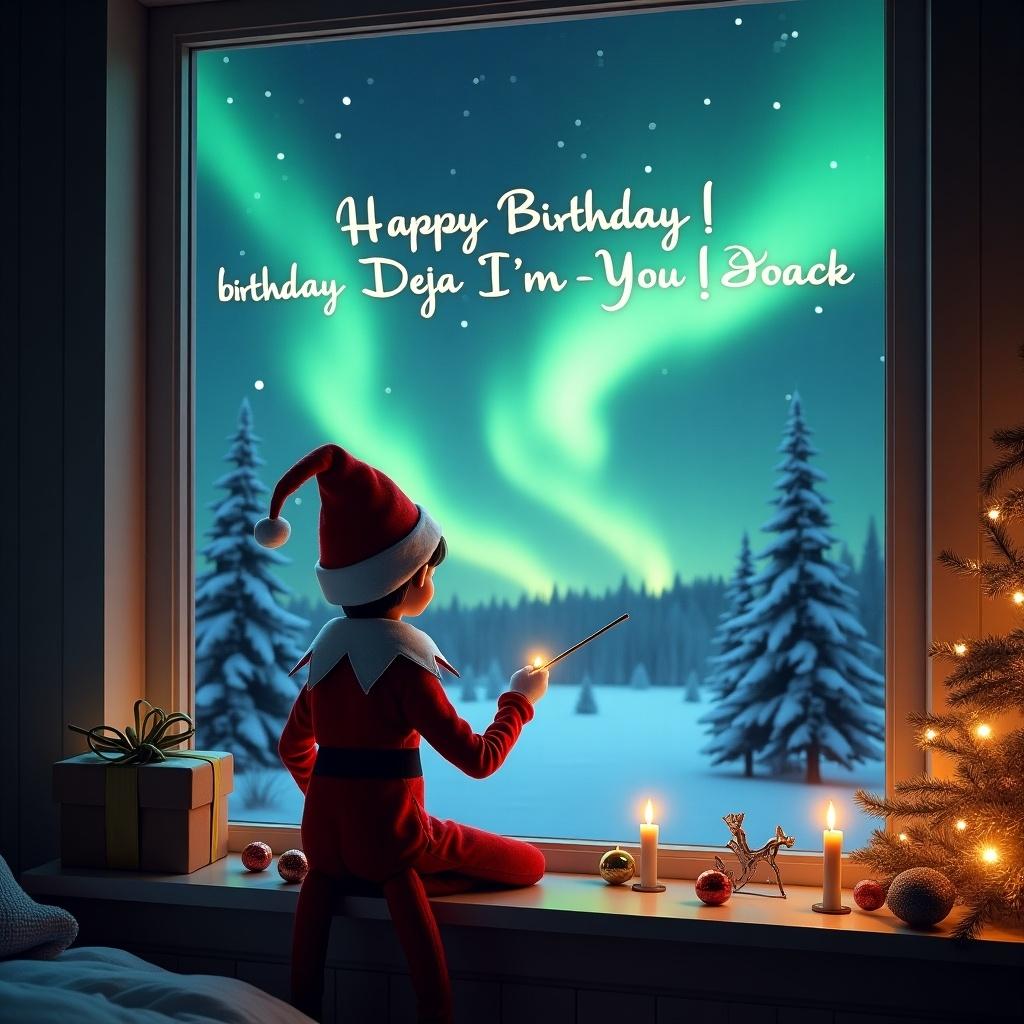 The image depicts a magical Christmas scene featuring an elf on the shelf. He is sitting by a window, using a wand to write 'Happy Birthday Deja I'm coming back' in the starry sky. The background reveals stunning Northern Lights illuminating a snowy landscape with trees. Inside, the room is warmly lit with candles, enhancing the cozy feeling. This festive setup captures the joy of both Christmas and a birthday celebration.