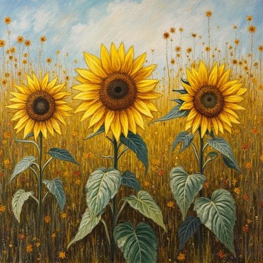 Fading sunflowers in a wild field depicted with Van Gogh-inspired brushwork using impasto oil on canvas. Emphasis on intense and expressive decay of the flowers.