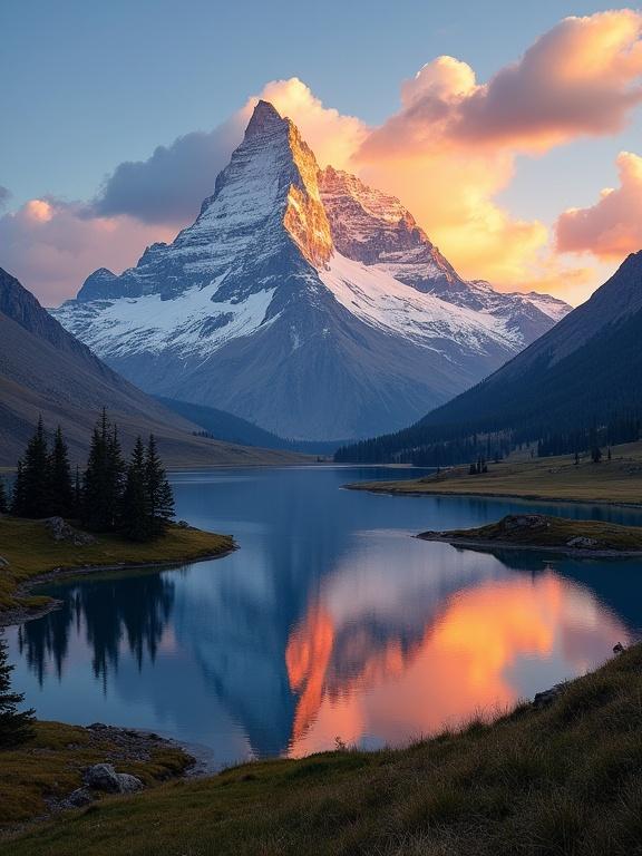 Breathtaking mountain landscape at sunrise or sunset with snow-capped peaks, serene water reflection, and dramatic lighting.