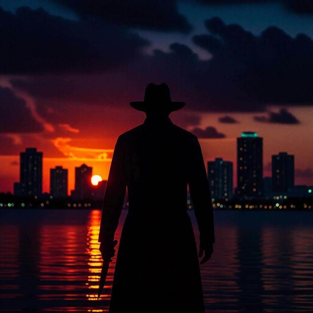No text present. Raw photograph depicting a very dark Miami sunset. Cityscape features an ominous silhouette wearing stalking clothing. The figure holds a knife, creating a tense vibe against the backdrop of the sunset and skyline.