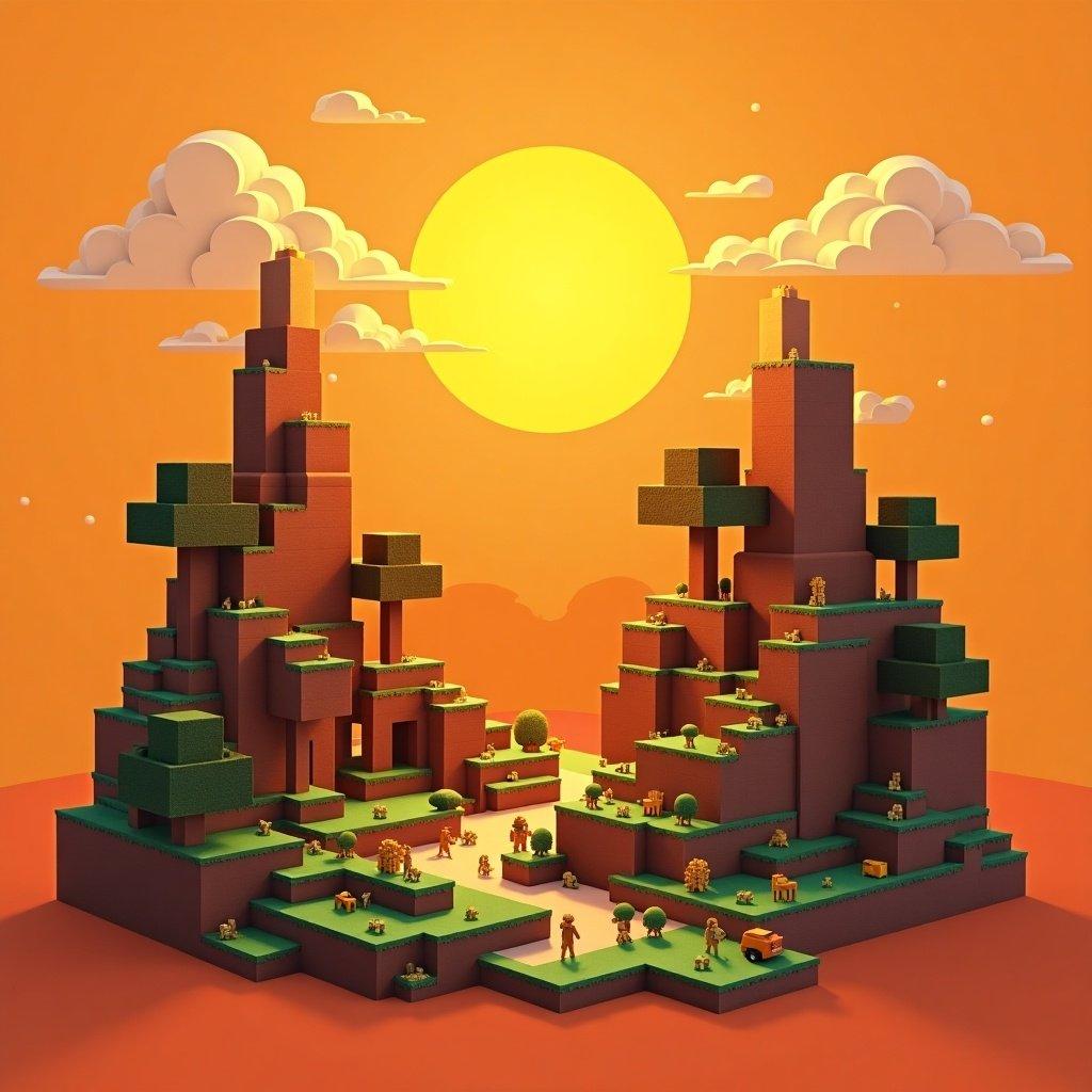 Minecraft-inspired 3D landscape with mountains and trees. Bright orange background at sunset. Blocky characters interact with the environment.