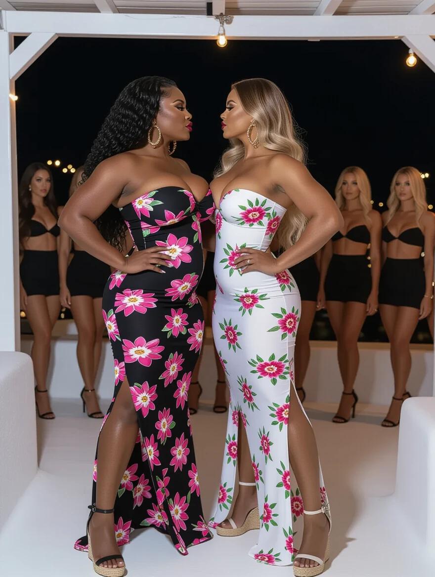 Two women stand facing each other. One woman has curly black hair and wears a black floral dress. The other woman has wavy blonde hair and wears a white floral dress. Both women are muscular with hourglass figures. They stand in a bar at night with many women in the background. The setting is lively and stylish.