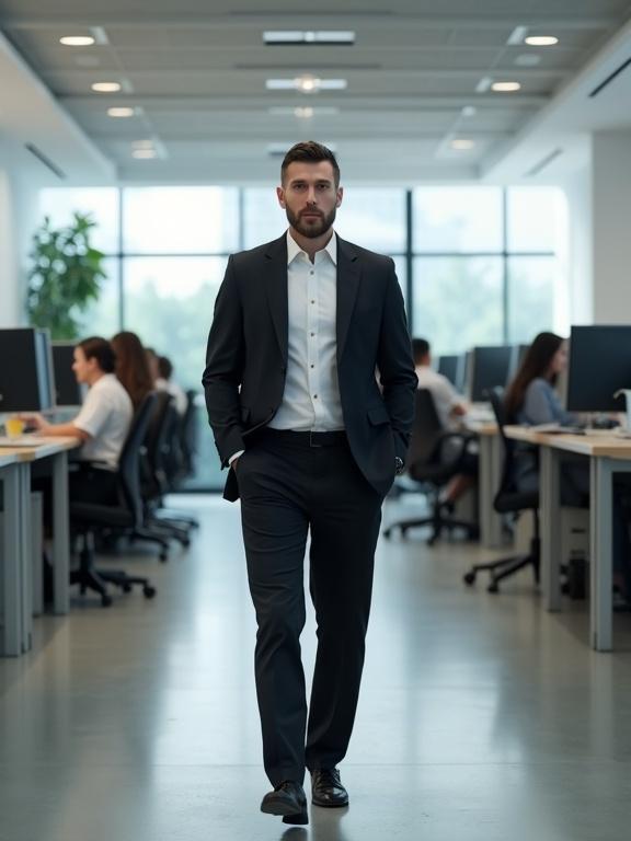 Light-skinned man walks down the hallway of a modern office. He wears a tailored black business suit with a white shirt underneath. The office has rows of desks with monitors. Other people work in the background. The atmosphere is bright and spacious with large windows. The floor is light gray and deeply professional appearance.
