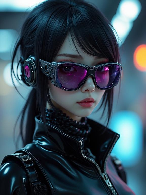 Portrait of a cyberpunk android wearing mirror glasses and a black outfit. Character features purple eyes, sleek style. Background shows a futuristic vibe. Rendered with cinematic post-processing.