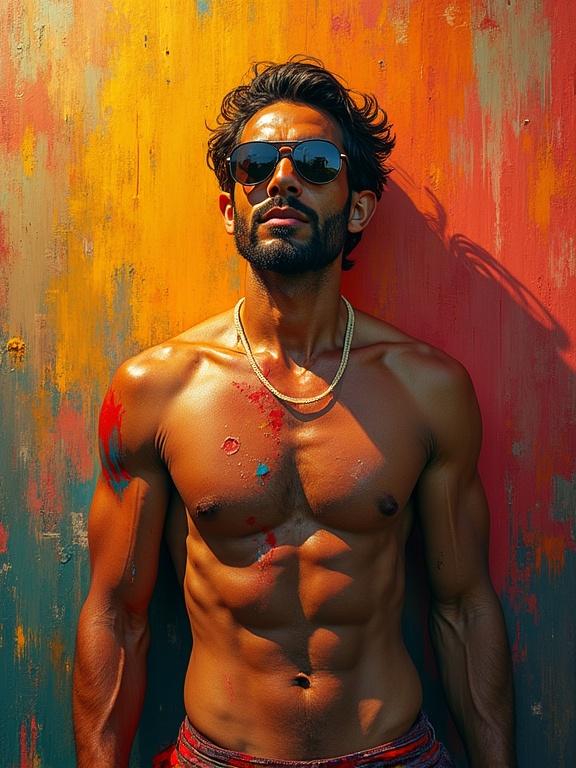 Tanned man with an artistic background. Expressionist painting style. Smooth textures and vibrant colors. Cinematic film still capturing dramatic lighting and film grain.