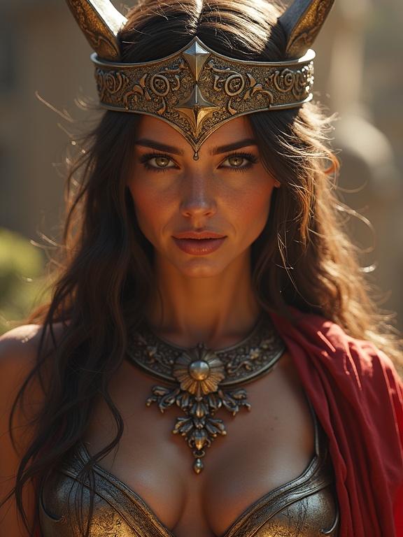 A stunning woman dressed as Lady Godiva inspired by Spartacus. Full-body composition with detailed matte painting. Deep colors and intricate designs on costume. Features fantasy elements in a high-resolution format.