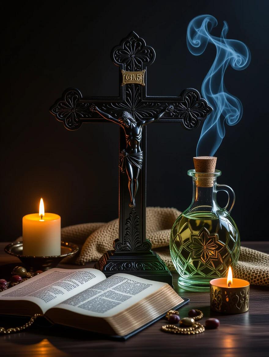 Photograph of a black San Benito cross made of steel and adorned with intricate designs. A special bottle contains holy water. Incenses burn gently. Several sacred relics are displayed alongside an open Bible resting on a dark case. Background is pitch black highlighting each object. The image captures a mysterious and professional atmosphere in stunning 4K quality. Illuminated well to emphasize details.