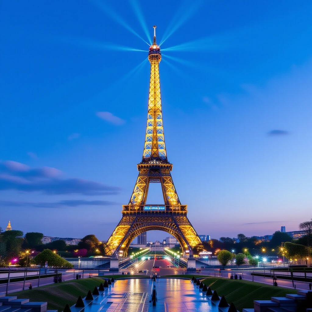 Eiffel Tower illuminated at night. Tower stands tall in the center. Soft blue sky surrounds structure. Lights shine bright from the tower. Reflections in water below. City scene with trees and pathways.