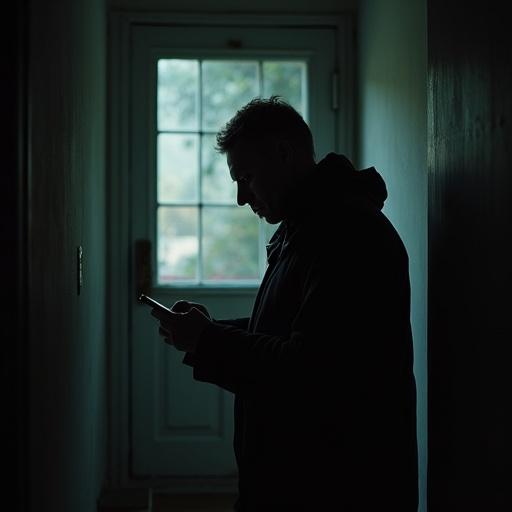 Middle aged white man stands in a corridor. He holds an ID while in a dimly lit house. The light casts shadows around him. The mood is serious and introspective.