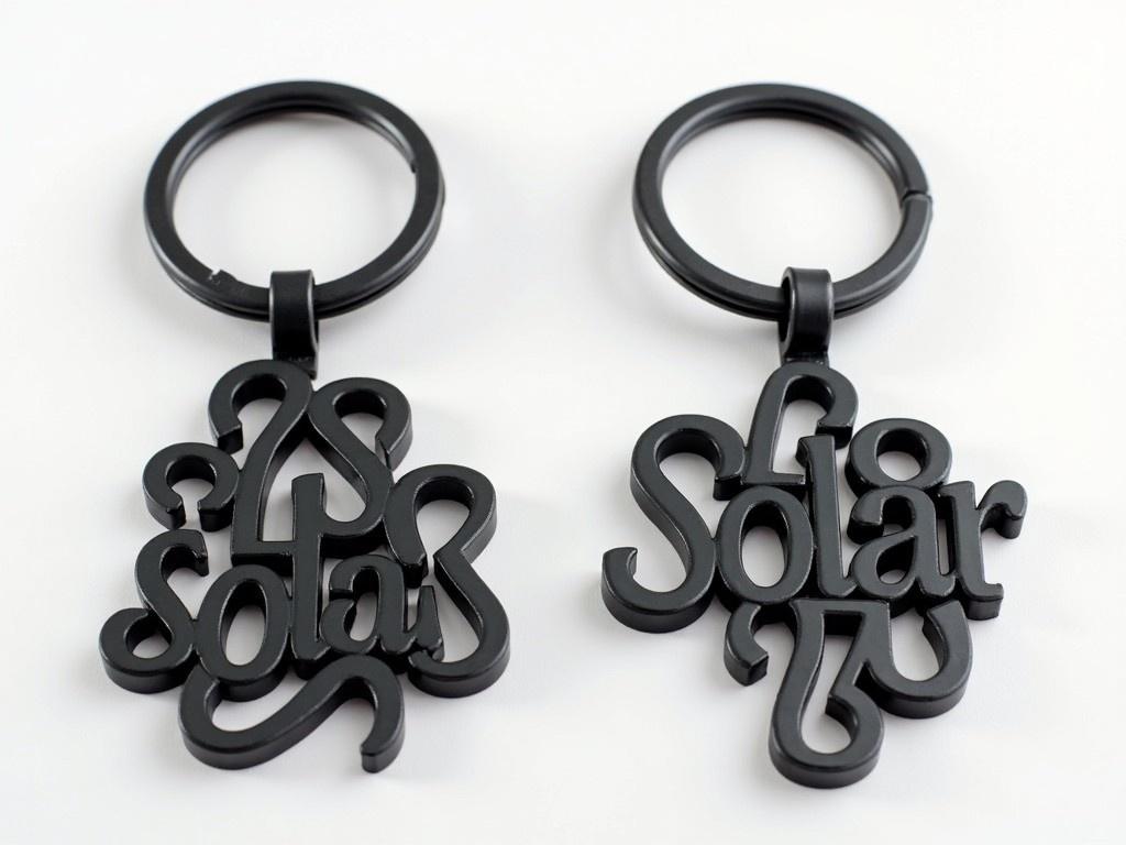 The image showcases two intricately designed keychains that incorporate the phrases 'SoLar' and 'SLR'. Both designs are rendered entirely in black, creating a sleek and modern aesthetic. The keychains are connected in such a way that they can be 3D printed as a single piece, promoting functionality and style. The design is elaborately detailed, offering a sense of complexity while remaining visually appealing. These keychains could serve as unique gifts or promotional items for events.