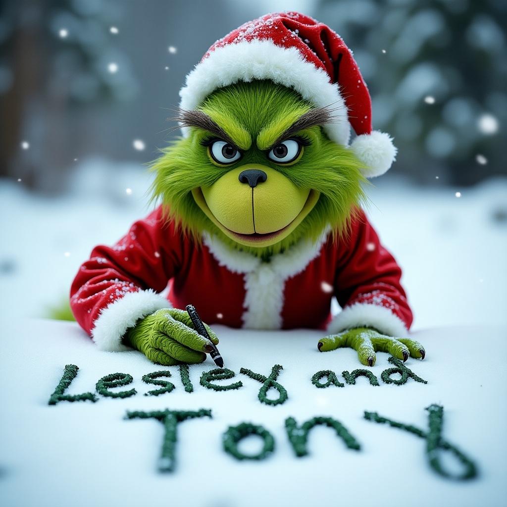 Grinch character in Santa suit writes in snow. Name 'Lesley and Tony' appears in fresh snow.