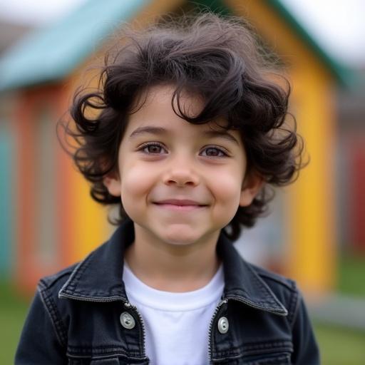 A boy standing in a daycare playground. He is nine years old with dark hair. He is smiling and wearing a black denim jacket over a white t-shirt. Background features a colorful environment with play structures.