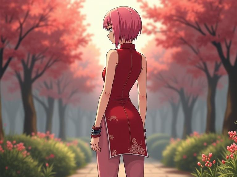 Sakura Uchiha stands looking back in a park. She wears a heart red sleeveless cheongsam and pink trousers. She has short pink hair and bracelets on both hands. The park features blooming flowers and trees.