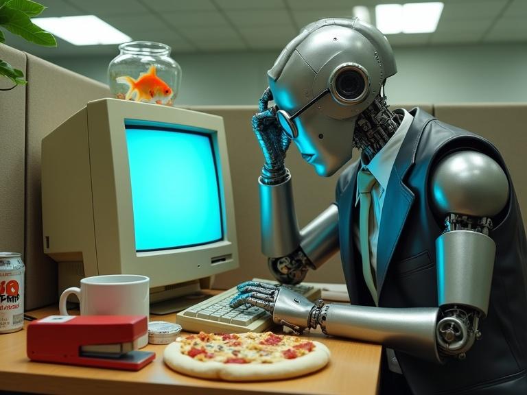 Robot in eyeglasses wears a rumpled suit in an office. It sits at a desk with a cluttered workspace. A 1990s beige desktop PC with a blue screen is in front of it. Half-eaten pizza and soda cans are scattered around. A fishbowl with a goldfish rests on the monitor. The robot shows despair and contemplation while leaning on its forehead. A wilting plant is in the corner. The lighting is harsh from fluorescent bulbs.