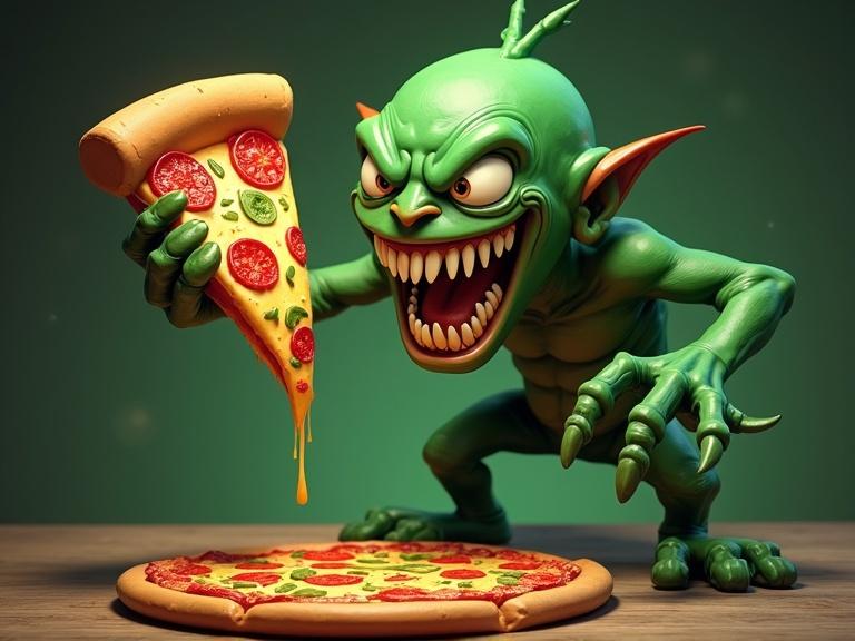 Vibrant 3D anime style character. Cartoonish evil green creature holding a dripping pizza slice. Pizza has toppings like pepperoni and vegetables. Character has a mischievous grin and exaggerated features.