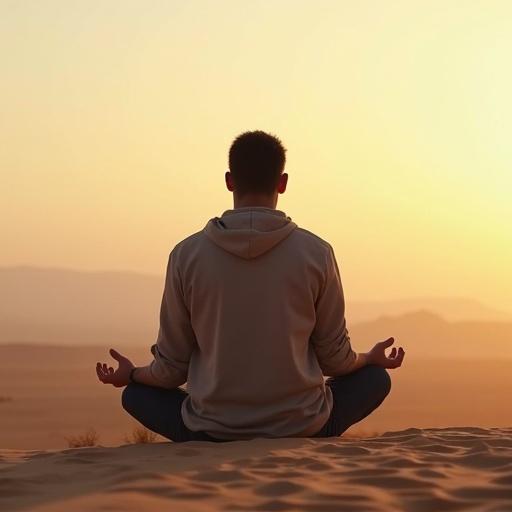 Image of a peaceful man sitting cross-legged in the desert underneath a soft sky.