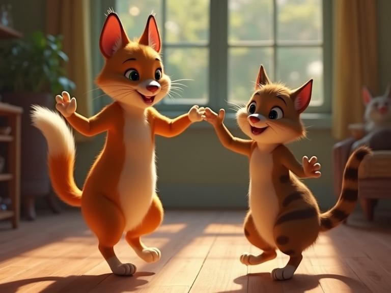 Cartoon cats dancing in a bright room. One cat is orange and the other is brown. Both look cheerful and playful. They are in a cozy home setting with sunlight streaming through the window.