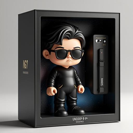 Design a collectible figure in minimalist blister packaging labeled 'Hugo7'. Slogan on the base is 'Somos dioses en embrión, con un solo propósito: ¡Despertar!'. Create features of a young person smiling with black hair wearing aviator sunglasses a black t-shirt and dark blue jeans. Include accessories like a black iPhone 16 Pro Max a MacBook Pro and a bundle of 100 dollar bills in separate compartments. The background is black and gold with a centered galaxy backdrop and faint galactic fog in a starry night sky.