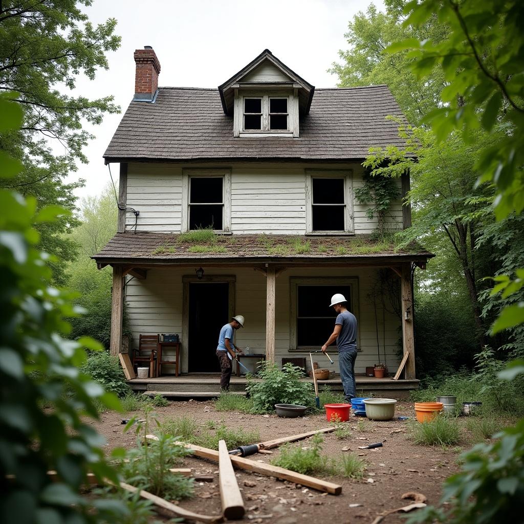 Image shows two individuals working on an old house. House is two stories with an overgrown yard. Tools and materials scattered around. Focus on restoration efforts and outdoor setting.