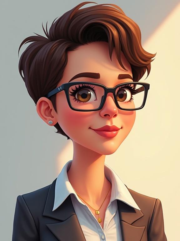 Create cartoon art of a character with short hair and glasses. The character has a calm expression and is wearing business attire. The look is stylish and approachable.