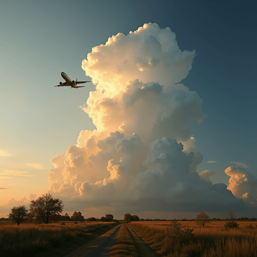 A plane flies near a giant fluffy cloud over a rural landscape at sunset.