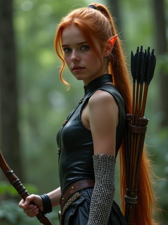 Photorealistic portrait of a fantasy elf girl. She has a long auburn ponytail and athletic body. Her skin is smooth and sunkissed. She wears a sleeveless black leather leotard and gleaming white chainmail. A bow and arrow are held in her hands. A quiver full of arrows is on her back. The setting is a deep forest clearing with soft natural light.