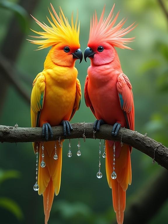 Two exotic birds perched closely on a branch. Birds have bright feathers in yellow orange pink and red. Their head crests are spiked like crowns. Long tail feathers have crystal beads hanging. Background is softly blurred green forest. Hyper-realistic and ultra-detailed fantasy style.