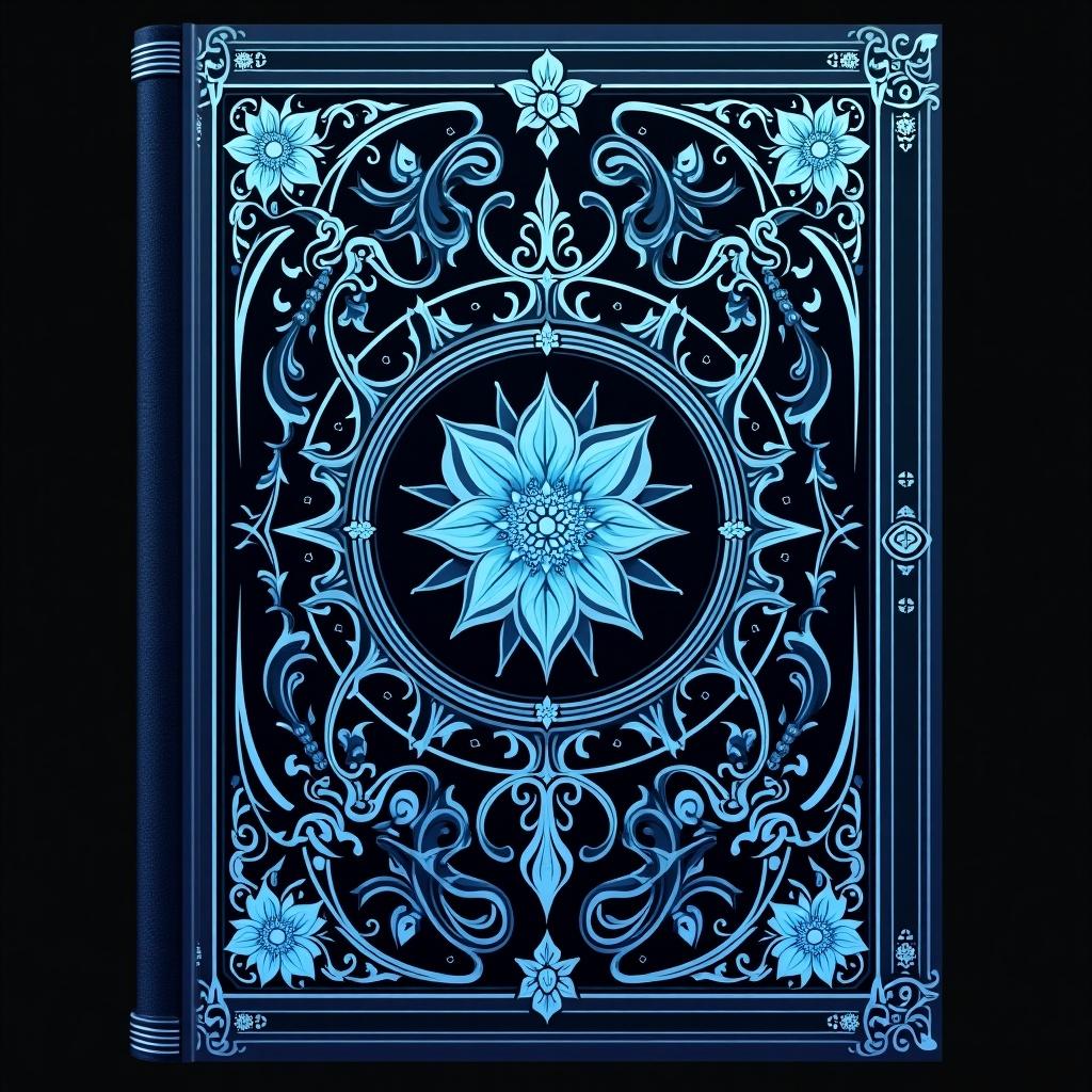 Cover design for a grimoire inspired by anime. Centered on musical magic. Various shades of blue used throughout. Features detailed ornate decorations.