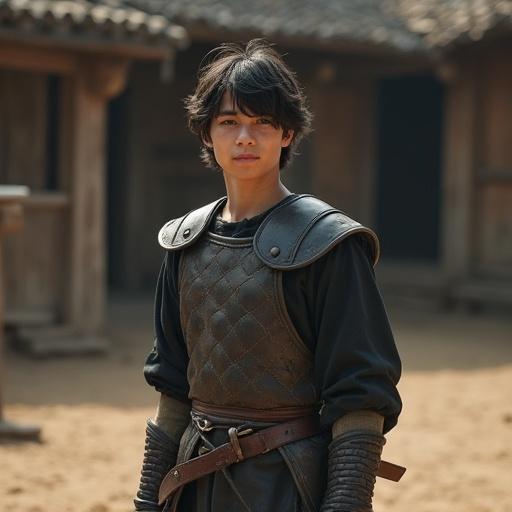 A teenage boy stands in a training ground. He has medium-length black hair with slight reddish undertones. The expression is calm and emotionless. He wears a functional medieval outfit in muted tones. Light armor padding is on his shoulders and arms. A simple sword is sheathed at his side. The setting has dirt and worn wooden structures. Hands are relaxed but alert. There is light dust and sweat on skin and clothes. Ambient late afternoon light casts soft shadows. Hair and clothing move slightly with the wind. The style is semi-realistic fantasy with a subdued color palette.