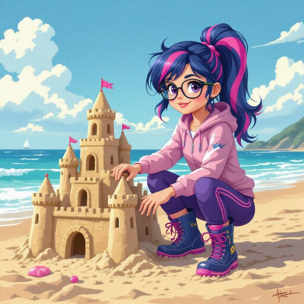 Human girl with glasses, navy-blue hair with pink and purple stripe at the beach building sandcastle. She wears pink tracksuit top, purple pants, navy-blue wellies with pink laces. The scene is bright and sunny.