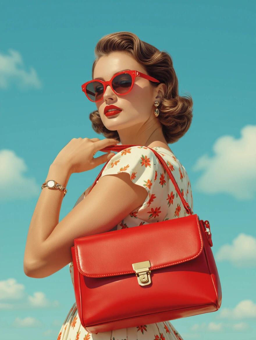 Photo portrays a vintage styled woman from the 1940s. She wears a floral dress complemented with a striking red handbag. The background features a bright blue sky with fluffy white clouds. The aesthetic captures the essence of summer vibes and classic retro fashion.