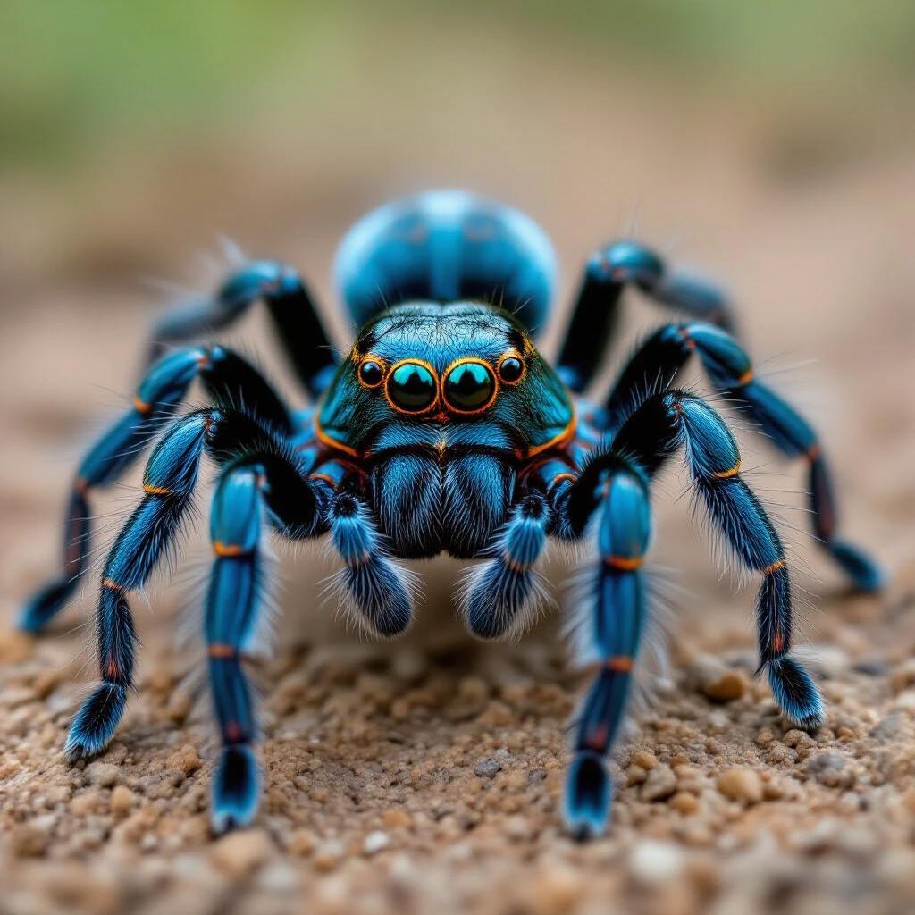 Macro photo of a blue velvet tarantula. The spider has long hairy legs and a vibrant blue body. It stares directly into the camera with multiple eyes visible. The background is a blurred natural environment. The focus is on the spider's intricate patterns and colors.