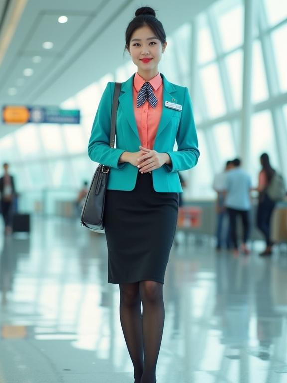 Full body in frame of East Asian female airport ground staff. She wears a coral-pink long-sleeve blouse and turquoise blazer. The outfit includes a black pencil skirt, pantyhose, and low-heel pumps. Her hair is styled in a bun with light makeup. She has a name tag and ID badge attached to a lanyard. A dark-blue-gingham scarf is tied around her collar. She stands straight with hands clasped inside an airport terminal.