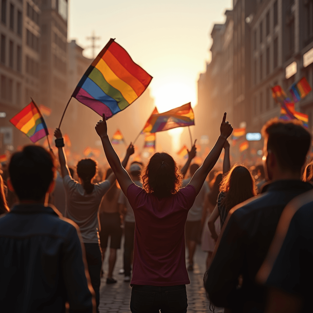 People march with rainbow flags at sunset during a pride parade in a city street.