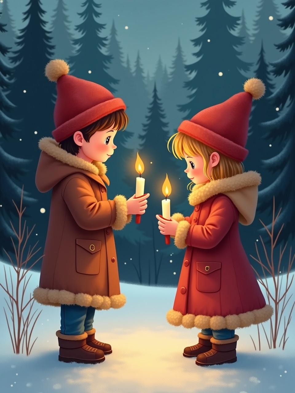 Two children celebrate Advent. They light candles. One child wears a red hat. Another child holds a candle. Snow covers the ground. Pine trees create a serene background. Soft gentle light from the candles shines warmly.