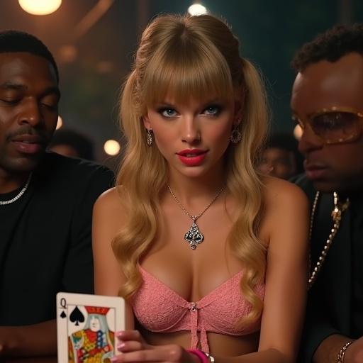 Filming a music video scene at a poker table at night. Attractive woman plays poker with gangsters. Zoomed out view shows her in a pink crop top and white jean shorts. She looks dazed and drunk while holding a Queen of Spades. Gangster rappers smile at the viewer. Soft lighting highlights the scene.
