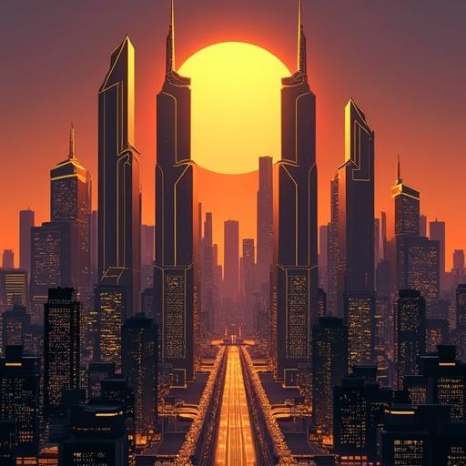 A sleek metropolis at sunset viewed from a high angle. Towering geometric skyscrapers stretch upward adorned with gold-trimmed edges and glowing lights. The sky fades into a gradient of deep purple and amber. This urban skyline is depicted in a Futurist Art Deco style emphasizing symmetrical metallic elements and golden outlines. Evoking an ambitious luxurious optimistic mood. Dominant colors are gold bronze deep navy and sunset orange.