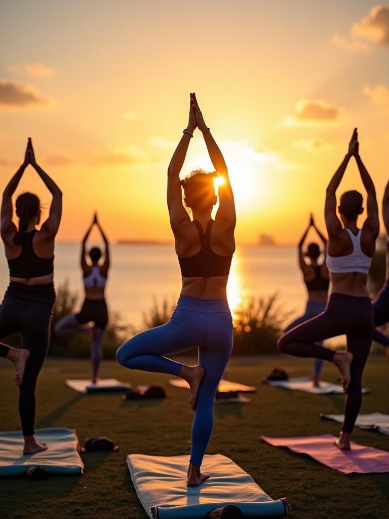 A group exercises yoga at sunrise in a park by the sea. Participants wear blue black and white sportswear. The atmosphere is calm and peaceful.