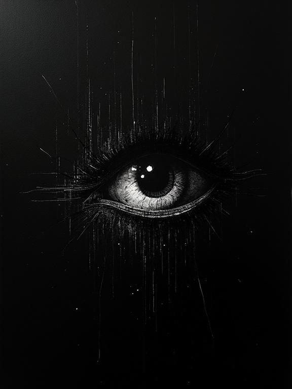 Rough digital oil illustration showing a giant eye filling the top right corner on a black background. Pixelated glitch effect radiates outward covering the page.