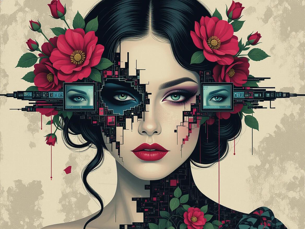 Beautiful woman's portrait shows a split face. Half displays digital static and pixel decay. Flowers emerge from the corrupted data. Vintage film grain blended with digital artifacts. Screens reflect haunting dead eyes. The style merges mixed media collage aesthetics and art nouveau elements.