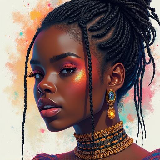 Vibrant digital portrait of a beautiful black female with intricately braided hair and dreadlocks. She appears amazed and is smiling. Features are delicate and stylish. Art is a blend of modern aesthetics with elements inspired by Nordic themes.