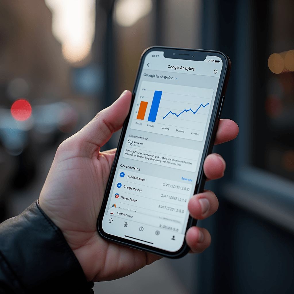 A person holding a smartphone displaying Google Analytics data with charts and statistics.