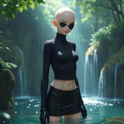 Anime version inspired by Ghost in the Shell. Beautiful young woman, bald, wearing an eyepatch, tight black turtleneck shirt, tight black leather miniskirt, standing near a waterfall in a park.