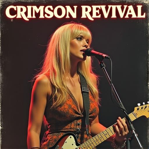 Record album cover featuring a full figured blonde woman as lead singer. She holds an old style microphone while playing guitar. Background has 70s rock aesthetics. Band name 'Crimson Revival' prominently displayed.