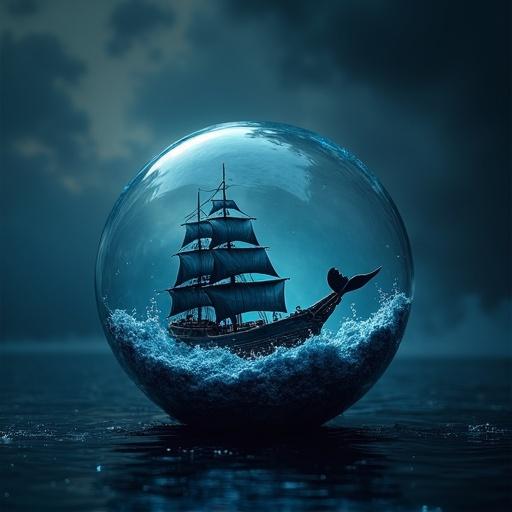 A ship sailing in the sea, held within a glass whale. Scene is hyper-detailed and realistic. Features dramatic lighting with blue and black tones. Medium visual stylization.